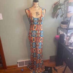 Good Time U.S.A Resortwear Vacation Geometric Tank Maxi Dress Orange Blue Small